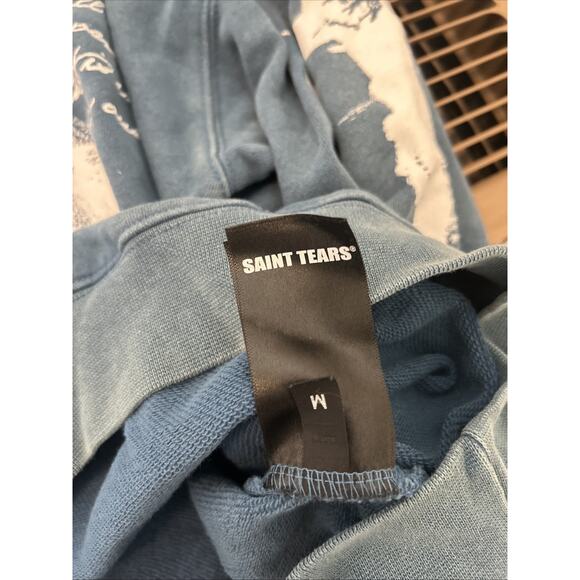 Saint Tears Graphic Hoodie Vintage Washed Blue Men’s Size Large NWT Heavyweight - Picture 8 of 14
